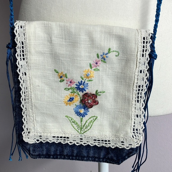 Handmade Upcycled Denim Crossbody Purse, Embroidered, Handstitching - Picture 6 of 6